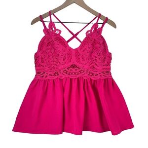 MAINSTRIP‎ Pink Crochet Lace Peplum Tank Top Babydoll Camisole Crisscross Back L
